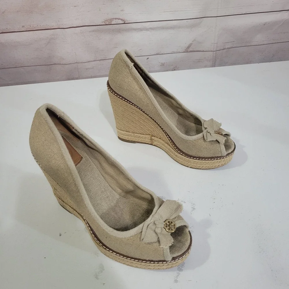 Tory Burch Jackie Espadrille Wedges Womens 8.5 B Beige Peep Toe Slip On Canvas